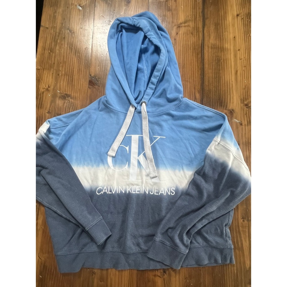 Calvin Klein Jeans Womens XXL Blue Ombre Dip Dye Logo Pullover Hoodie Sweatshirt - Picture 1 of 6